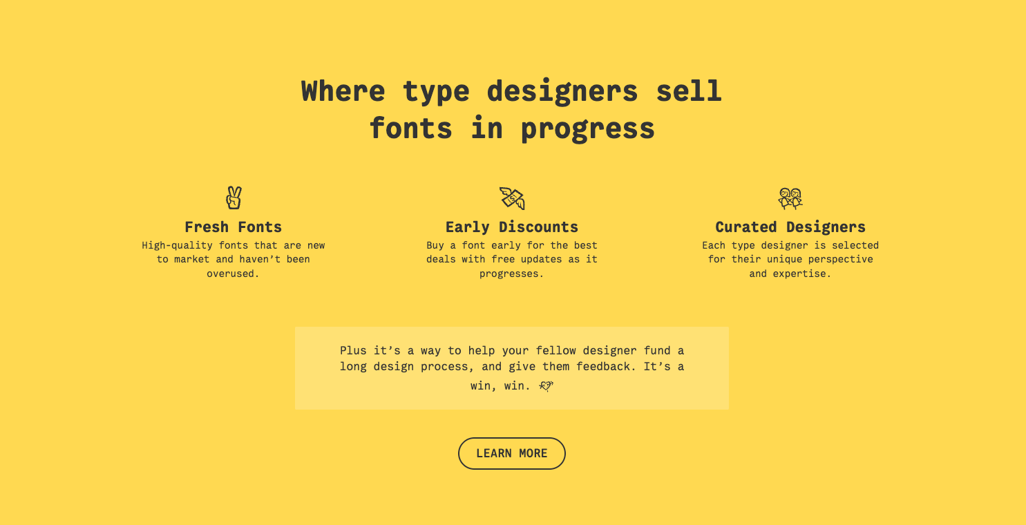 Future Fonts marketing page headlined "Where type designers sell fonts in progress," listing fresh fonts, early discounts, and curated designers.