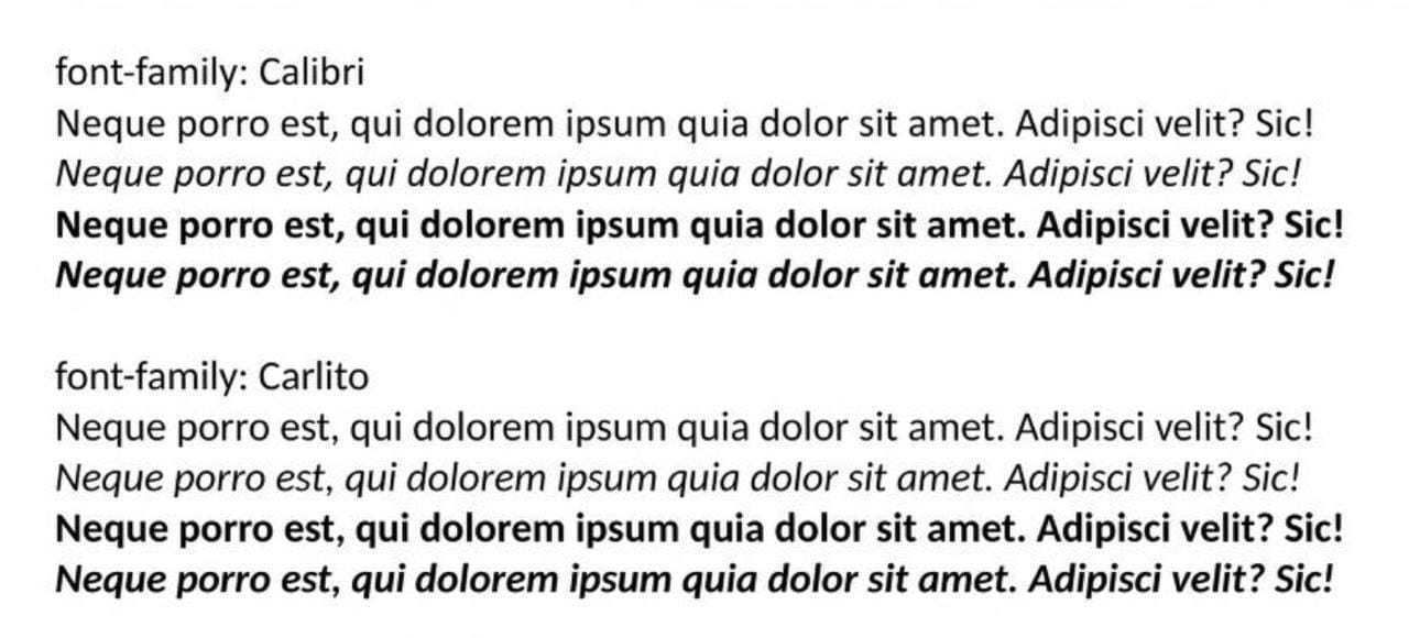 Calibri above, Carlito below: only the measurements match. (comparison source)